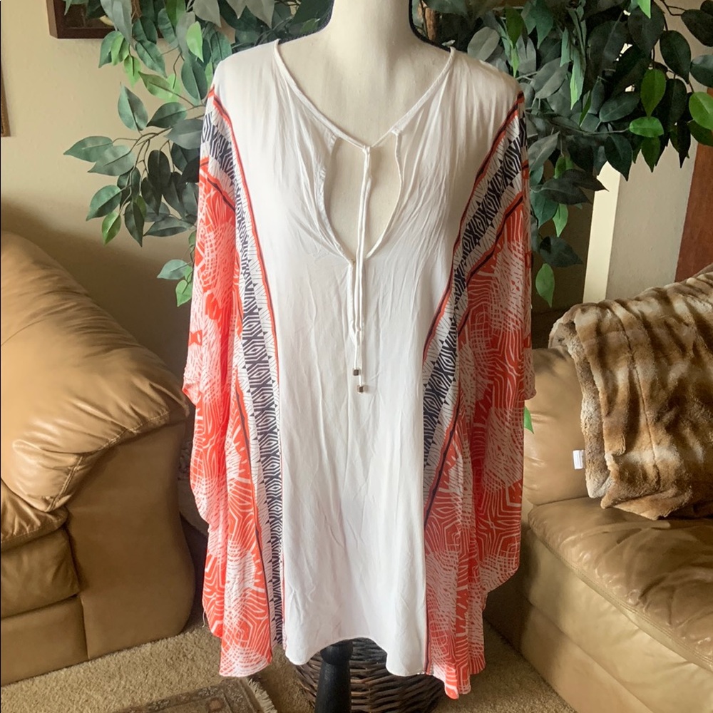 White and Orange Kaftan Swim Cover-Up Vix by Paula Hermanny size Lg Resortwear